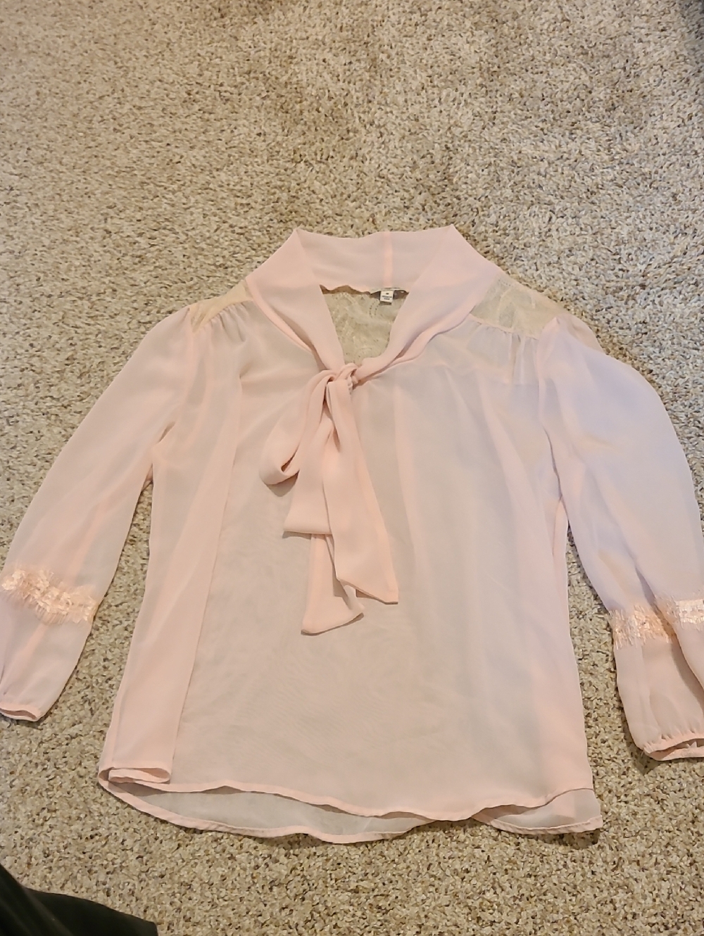 Lily White Pale Pink Tie-Neck Lace-Trim Blouse